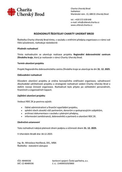 Rozhodnutí ředitelky RDC ZK 2025